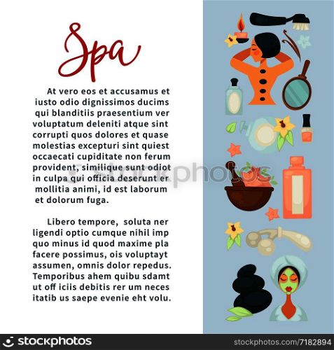 Spa services promotional banner with beauty means and sample text. Hot stone massage, facial mask, soft lotions, nail polishes, aromatic candle and floral oils vector illustrations on poster.. Spa services promotional banner with beauty means and sample text