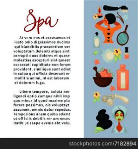 Spa services promotional banner with beauty means and sample text. Hot stone massage, facial mask, soft lotions, nail polishes, aromatic candle and floral oils vector illustrations on poster.. Spa services promotional banner with beauty means and sample text