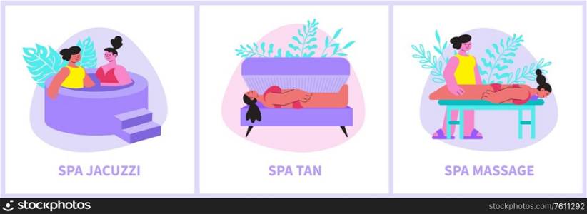 Spa set of three flat compositions with text and view of different procedures with human characters vector illustration