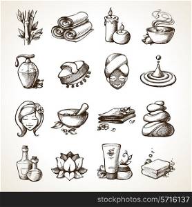 Spa Sketch Decorative Icons Set With Bamboo Towels Aroma Candles Isolated Vector Illustration