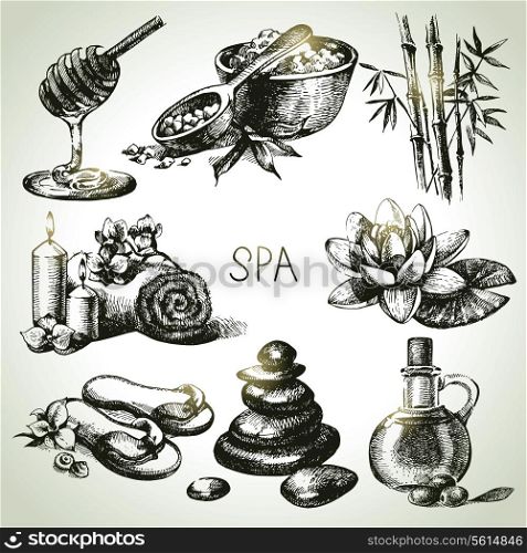 Spa sketch icon set. Beauty vintage hand drawn illustrations