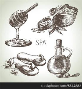 Spa sketch icon set. Beauty vintage hand drawn illustrations&#x9;