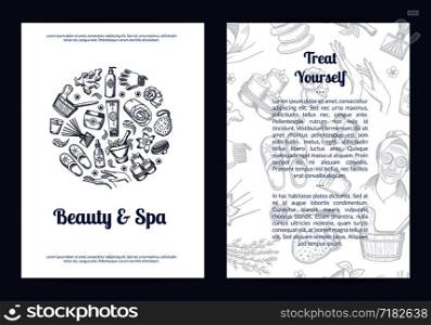 Spa sketch label. Vector hand drawn spa elements card, flyer or brochure template illustration. Spa sketch label. Vector hand drawn spa elements card