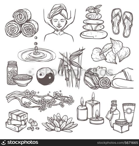 Spa therapy beauty health care alternative medicine sketch icons set isolated vector illustration