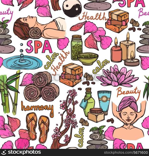 Spa therapy beauty health care wellness sketch color seamless pattern vector illustration