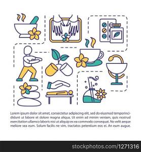 Spa therapy procedures concept icon with text. Relaxation, massage. Aromatherapy. PPT page vector template. Brochure, magazine, booklet design element with linear illustrations