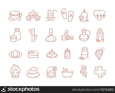 Spa thin icons. Woman beauty therapy treatment ayurveda solarium sauna relax hot stones and smell vector symbols. Illustration of beauty and spa, treatment cosmetic and massage facial. Spa thin icons. Woman beauty therapy treatment ayurveda solarium sauna relax hot stones and smell vector symbols
