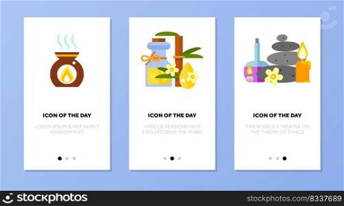 Spa things icon set. Aroma l&, oil, stones, candles isolated sign. Spa salon, wellness, relaxation concept. Vector illustration symbol element for web design