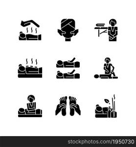 Spa treatments black glyph icons set on white space. Reiki session. Face massage. Hot stone therapy. Sports recovery. Aromatherapy. Manipulate muscles. Silhouette symbols. Vector isolated illustration. Spa treatments black glyph icons set on white space