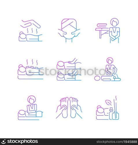 Spa treatments gradient linear vector icons set. Reiki session. Face massage. Hot stone therapy. Sports recovery. Thin line contour symbols bundle. Isolated outline illustrations collection. Spa treatments gradient linear vector icons set