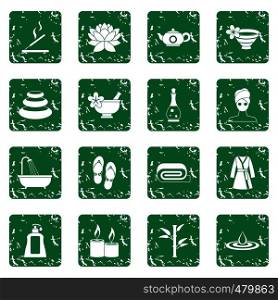 Spa treatments icons set in grunge style green isolated vector illustration. Spa treatments icons set grunge