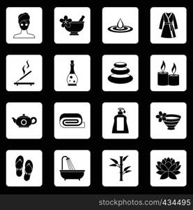 Spa treatments icons set in white squares on black background simple style vector illustration. Spa treatments icons set squares vector