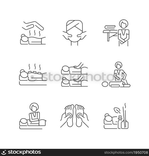 Spa treatments linear icons set. Reiki session. Face massage. Hot stone therapy. Sports recovery. Customizable thin line contour symbols. Isolated vector outline illustrations. Editable stroke. Spa treatments linear icons set
