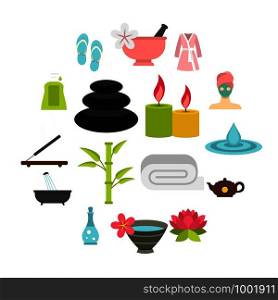 Spa treatments set icons in flat style isolated on white background. Spa treatments set flat icons