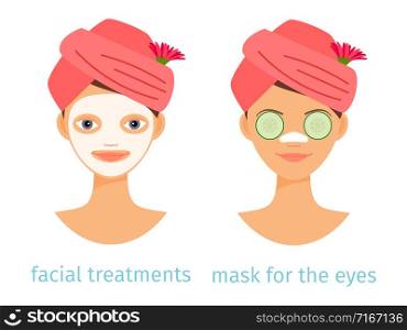 SPA treatments vector concept. Illustration of variations of female facial masks isolated on white background. Female spa, beauty mask relaxation. SPA treatments vector concept. Illustration of variations of female facial masks isolated on white background