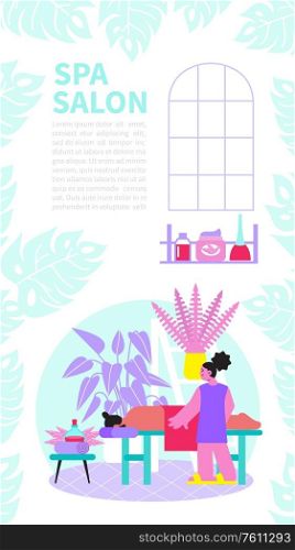 Spa vertical banner background with composition of editable text and flat doodle images of massaging procedure vector illustration