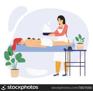 Spa wellness beauty center relaxing female client. Beauty salon procedures, relaxing wellness massage or body wraps vector illustration set. Beauty center concept with worker doing treatment for woman. Spa wellness beauty center relaxing female client. Beauty salon procedures, relaxing wellness massage or body wraps vector illustration set. Beauty center concept