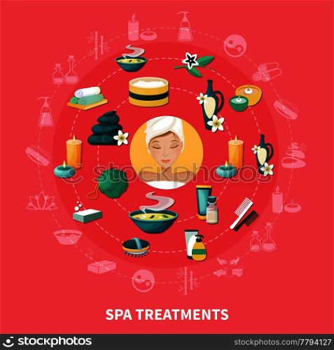 Spa wellness resort treatments and services symbols circle composition with aromatherapy stone massage medicinal baths flat vector illustration. Spa Resort Flat Icons Composition