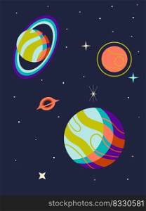 Space abstract background. Cartoon fantastic planets in outer space, stars in black sky. Saturn and moon. Cosmic exploration, universe discovery. Vertical poster. Vector isolated space elements set. Space abstract background. Cartoon fantastic planets in outer space, stars in black sky. Saturn and moon. Cosmic exploration, universe discovery. Vertical poster. Vector space elements set