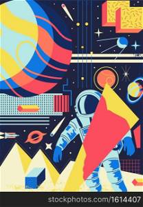 Space abstract background. Futuristic poster with cartoon cosmonaut and galaxy shapes. Colorful planets or satellites. Psychedelic design. Astronaut exploring universe. Vector cosmic illustration. Space abstract background. Futuristic psychedelic poster with cartoon cosmonaut and galaxy shapes. Colorful planets or satellites. Astronaut exploring universe. Vector illustration