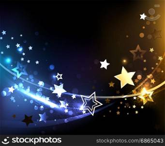 Space, abstract background with small, contrasting, glowing golden and blue stars. Design with stars. Space background.