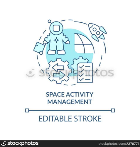 Space activity management turquoise concept icon. Spacetech trend abstract idea thin line illustration. Isolated outline drawing. Editable stroke. Arial, Myriad Pro-Bold fonts used. Space activity management turquoise concept icon