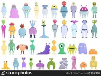 Space aliens icons set cartoon vector. Rocket asteroid. Monster mars. Space aliens icons set cartoon vector. Rocket asteroid