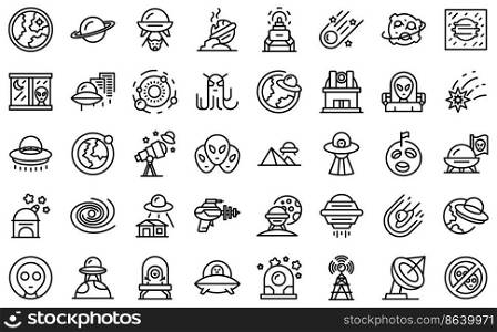 Space aliens icons set outline vector. Rocket spaceship. Monster mars. Space aliens icons set outline vector. Rocket spaceship