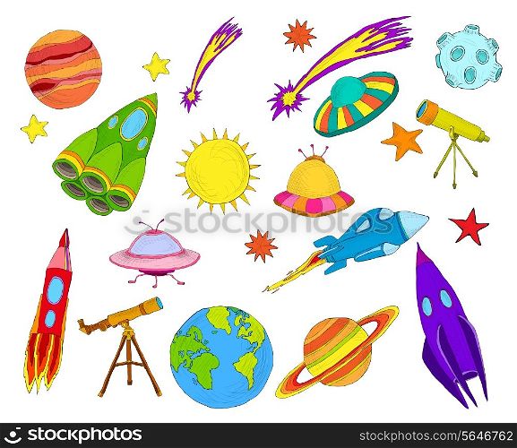 Space and astronomy decorative elements colored sketch set isolated vector illustration.