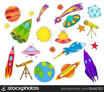 Space and astronomy decorative elements colored sketch set isolated vector illustration.