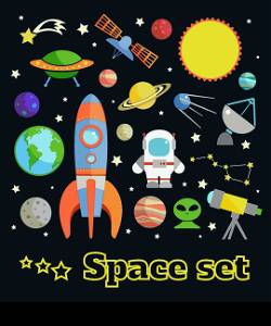 Space and astronomy decorative elements set isolated on dark background vector illustration