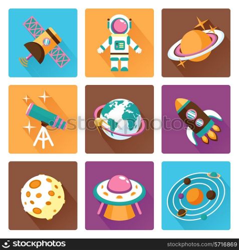 Space and astronomy flat icons set with telescope globe rocket isolated vector illustration