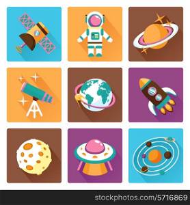 Space and astronomy flat icons set with telescope globe rocket isolated vector illustration