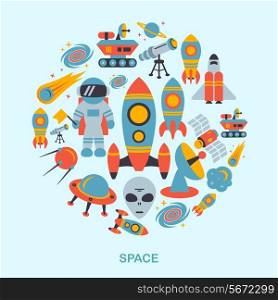 Space and astronomy icons flat set of rocket satellite earth alien vector illustration