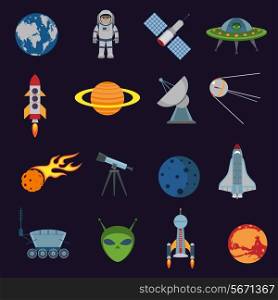 Space and astronomy icons set of rocket satellite earth alien isolated vector illustration
