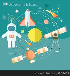 Space and astronomy icons set with telescope globe rocket astronaut. Concept in flat design cartoon style on stylish background. Space and astronomy