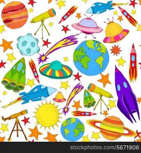 Space and astronomy planets and rockets hand drawn colored seamless pattern vector illustration