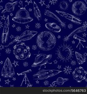 Space and astronomy planets and rockets hand drawn seamless pattern vector illustration.