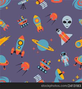 Space and astronomy seamless pattern with flying saucer spacecraft astronaut vector illustration