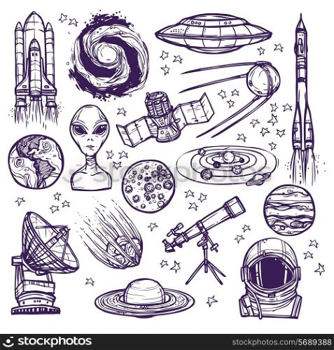Space and astronomy sketch decorative icons set of telescope alien planets isolated vector illustration