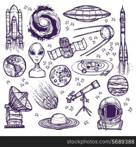 Space and astronomy sketch decorative icons set of telescope alien planets isolated vector illustration