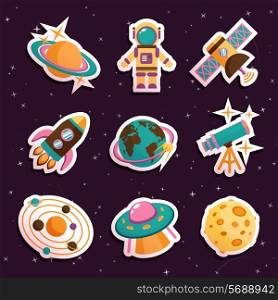 Space and astronomy stickers set with solar system ufo moon isolated vector illustration