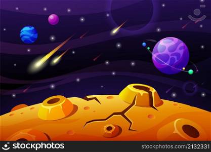 Space and planet background. Starry planets universe, stone fly in night sky. Galaxy game location, fantasy cosmos world with meteorites vector landscape. Illustration of space cosmic with planet. Space and planet background. Starry planets universe, stone fly in night sky. Galaxy game location, fantasy cosmos world with meteorites garish vector landscape