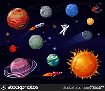 Space and planets set, poster with astronaut wearing special suit, Sun and Earth, stars and cosmos, vector illustration isolated on black and blue. Space and Planets Set Poster Vector Illustration