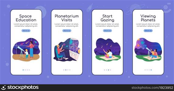 Space and science onboarding mobile app screen flat vector template. Walkthrough website 4 steps with characters. Creative UX, UI, GUI smartphone cartoon interface, case prints set. Space and science onboarding mobile app screen flat vector template