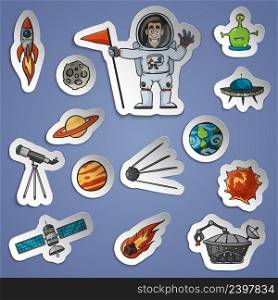 Space and science paper stickers set with spaceship telescope satellite isolated vector illustration. Space Stickers Set