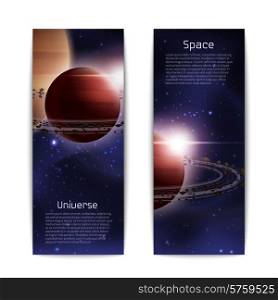 Space and universe banners vertical set with realistic planet with orbit isolated vector illustration