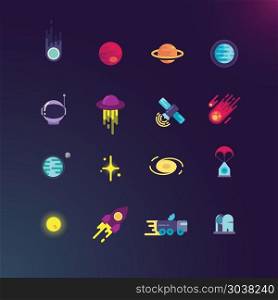 Space and vector flat icons set. Space and vector flat icons set. Space rocket and planet, spaceship and satellite in universe, space rocket technology and comet illustration