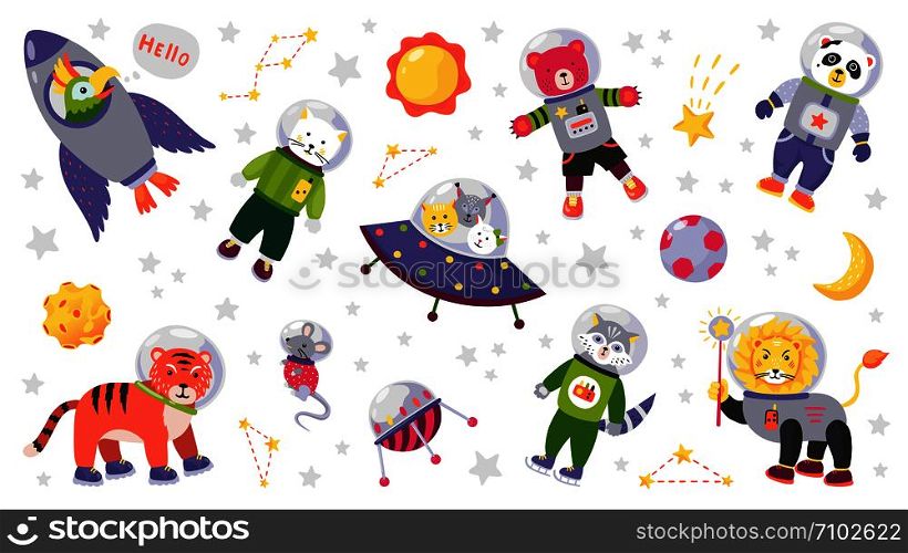 Space animal kids. Cartoon baby characters in space costumes with rocket planet and stars. Vector cute baby animals astronauts isolated on white. Space animal kids. Cartoon baby characters in space costumes with rocket planet and stars. Vector baby animals isolated on white