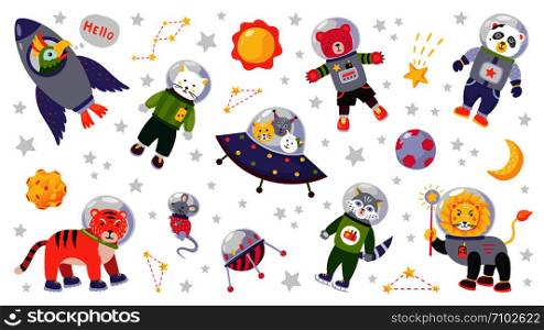 Space animal kids. Cartoon baby characters in space costumes with rocket planet and stars. Vector cute baby animals astronauts isolated on white. Space animal kids. Cartoon baby characters in space costumes with rocket planet and stars. Vector baby animals isolated on white